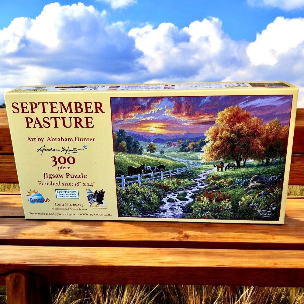 SunsOut Puzzle 300 piece SEPTEMBER PASTURE Horses Stream Complete
